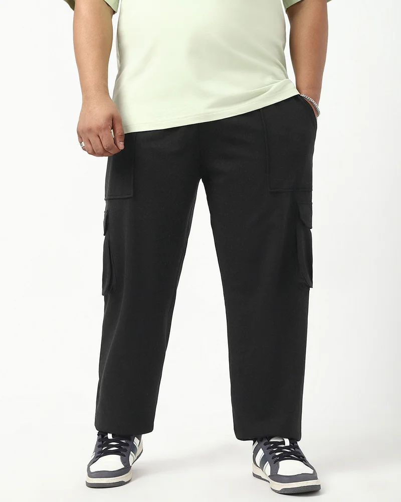 bewakoof Men's Black Oversized Plus Size Cargo Warm Joggers